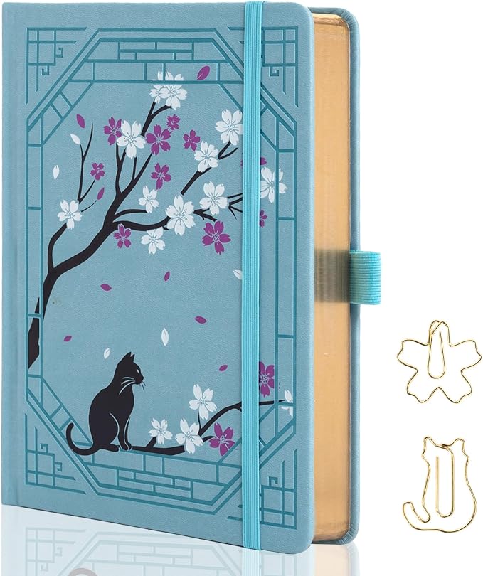 TIEFOSSI A5 Dotted Journal, Cute Cat Journal for Women Girls, Dot Notebook with Pretty Sakura Pattern, Aesthetic Diary for Writing Journaling Drawing, Golden Edges