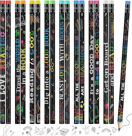 Pasimy 480 Pcs Reading Motivational Pencils Bulk Black Novelty Wooden Pencils with Eraser Classroom Inspirational Pen with Sayings for Kids Student Teacher School Reward Gifts Stationery Party