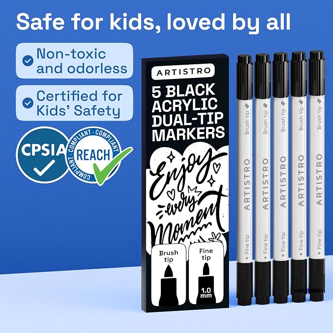 ARTISTRO 5 Black Acrylic Paint Markers - Paint Pens for Drawing - For Fabric, Rock, Glass, Wood, Molds - Arts & Crafts Gift for Adults, Teens, Kids, Classroom Must Haves & School Supplies
