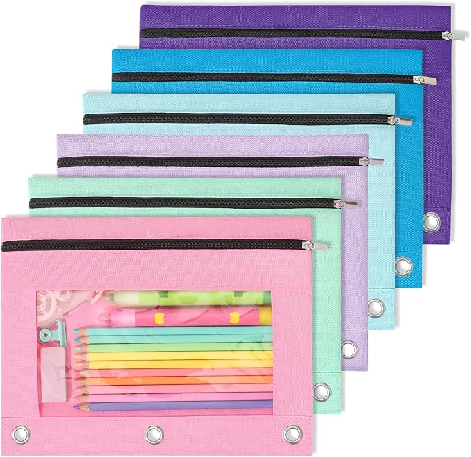 SUNEE Pencil Pouch for 3-Ring Binder, Large Pencil Case with 3 Reinforced Grommets, Zipper Pencil Pouch, Clear Window Pencil Case, Binder Accessories, 6 Assorted Colors, 6 Pack
