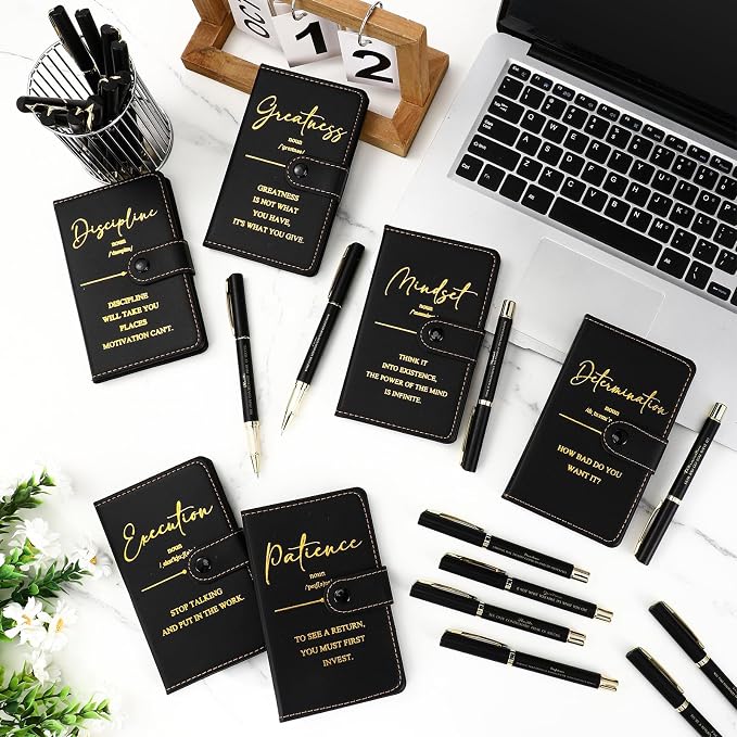 Tenceur 20 Sets Inspirational Gifts Bulk Leather Notebooks Pens with Growth Motivational Quotes for Employee Students Prizes Back to School Encouragement Appreciation Gifts (Black)