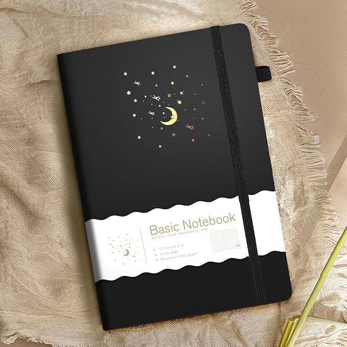 CAGIE Journal Notebook for Women Men, Hardcover Lined Notebooks Journals for Writing Work Journaling Note Taking Diary with Pen Loop (Black Ruled), Gifts, 5.7" x 8.3", 196 Pages