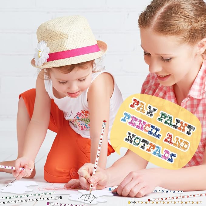 Weecent 32 Pcs Party Favors Kids Stationery Include 8 Colors Paw Print Pencil and Notpads Colorful Wooden Writing Pencils and Small Notebooks for Birthday Gifts Classroom Supplies