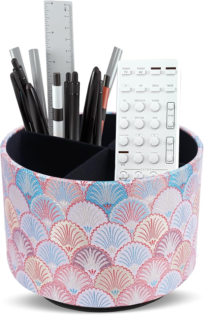 Round Leather Art Supply Organizer,Remote Control Holder,360-degree Rotating Pen Organizer with 4 Compartments(1-Peacock Pink)