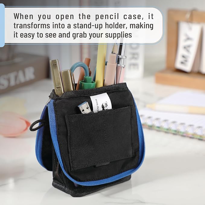 Mr. Pen- Standing Pencil Case Pouch, Sit & Lay Mesh-View Design | Black with Blue Zipper, Interior Pocket & 2 Elastic Binder Loops, Cute Pencil Case for Girls and Boys