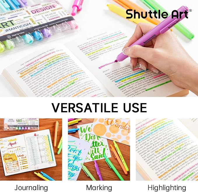 Shuttle Art Retractable Highlighters Assorted Colors, 12 Colors(6 Pastel & 6 Neon) Chisel Tip Fluorescent Markers, Quick-Dry Aesthetic Highlighter Pens for Adults, Perfect for School Office Home