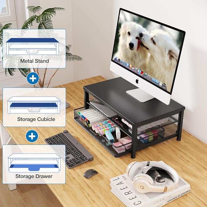OPNICE Computer Monitor Stand Riser, Desk Organizer with Drawer, Printer & Laptop Stand, Office Desk Accessories & Workspace Desktop Organizers Storage for Office Supplies(Black 2-Pack)