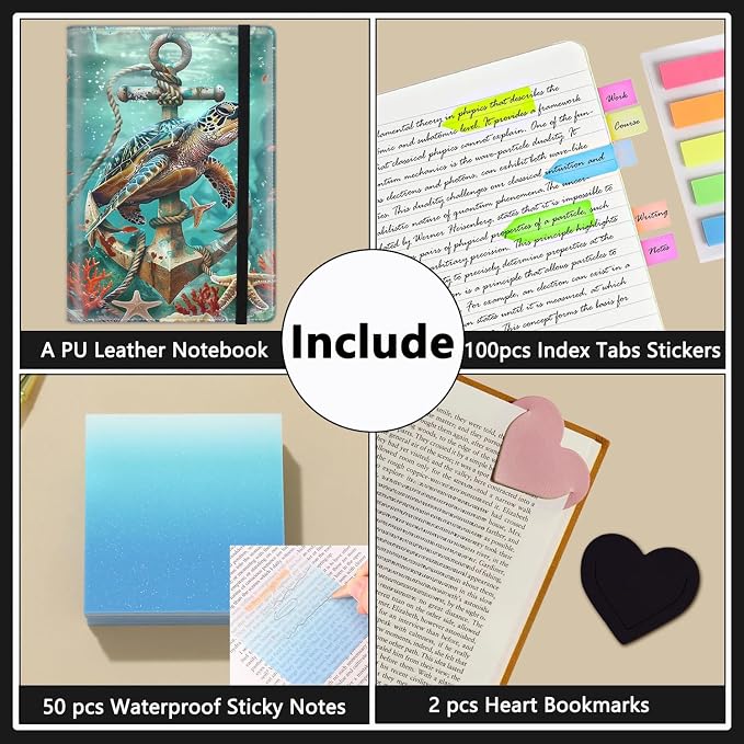 A5 Leather Lined Journal Notebook, 200 Pages Hardcover Executive Notebook for Men Women Office School Note Taking, Thick Writing Paper Daily Journal with Bookmarks/Indexes,Turtle Fish Anchor
