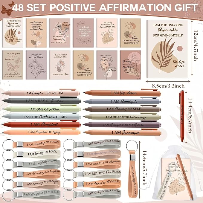 Mooliwe 48 Set Positive Affirmation Gift Set Gratitude Notebooks with Pens Keychains Small Bags Motivational Party Favors for Adult Women Coworkers Employee Group (Elegant)
