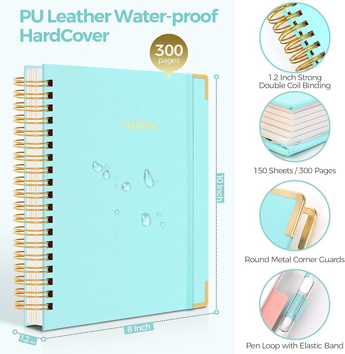 SKYDUE Spiral Journal for Women, B5 College Ruled Notebooks for Work with Dividers,Tabs and Pocket, Mint