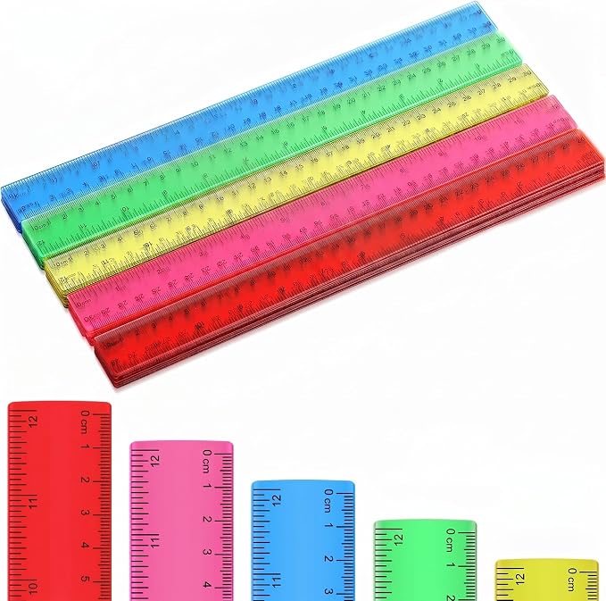 Zonon 50 Pcs 6 Inch/12 Inch Plastic Rulers Bulk Flexible Straight Rulers with Inches Centimeters First Day of School Gift Students Back to School Office Home Supplies(Clear Colorful,12 Inch)