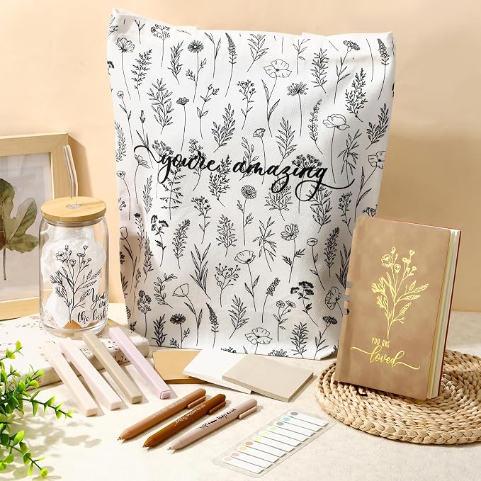 14 Pcs Inspirational Journal Kit for Women Aesthetic A6 Leather Journal Notebook Glass Cup Canvas Tote Bag Motivational Pen Stationery Set for Vbs Sunday School Teacher Back to School(White)