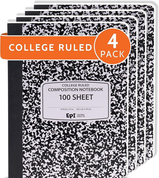 4 Pack - EPI College Ruled Composition Notebook Black - 200 Pages (100 Sheets), 9-3/4 x 7-½ - Classroom Back to School Supplies, Heavy Duty, Durable Hardcover Office Notebooks, Sewn