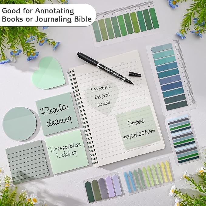 1450 Sheets Transparent Sticky Notes, 3 x 3 inch Aesthetic Clear Lined Sticky Notes with Pen, Gradient Color Waterproof Self-Adhesive Annotation Tabs for Bible Journaling (Green Series)