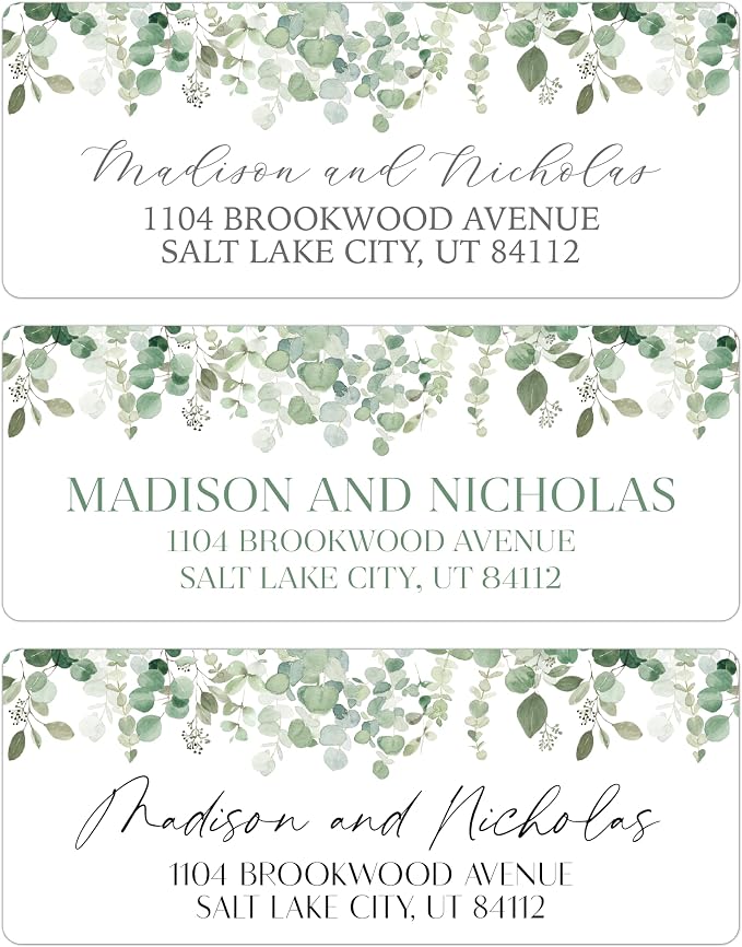 Return Address Labels Personalized with Your Choice of 30 Flower Styles - Choose Font and Font Color or Add Custom Text - Perfect for Wedding Envelopes (001 Eucalyptus)