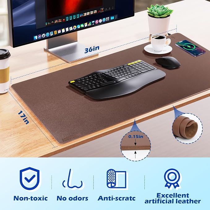 Wireless Charging Desk Mat, Mouse Pad, Brown-R, 36x17 inch
