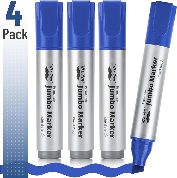 Mr. Pen- Jumbo Permanent Markers, 4 Pack, Blue, Chisel Tip, Wide Tip, Large | Thick Permanent Markers for Canvas, Posters Board, Fabric, Window, Glass, Wood, Waterproof, Quick Dry