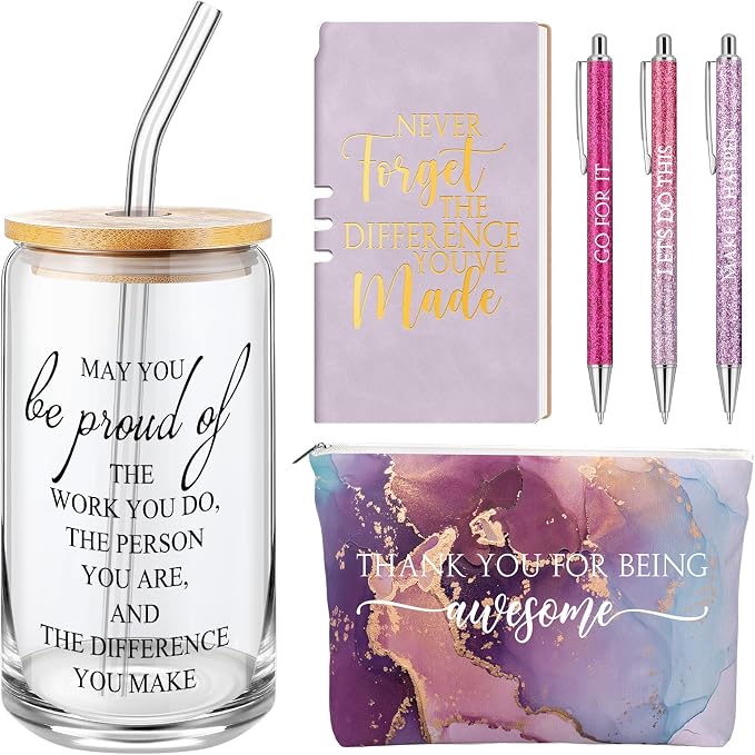 Funnymoom 6 Pcs Appreciation Gifts Set for Women Back to School Teacher Gifts Employee Thank You Gift with 17 oz Glass Tumbler Journal Pens and Pouch for Coworkers Educators,Marble,Purple
