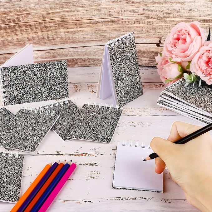 24 Pack Mini Notebook Composition Pocket Spiral Notebooks Notepads for Kids | 3.9x2.4 Glitter Cover Note Pads Lined Little Journals Party Favor for Men Women Work Office Classroom Decorations Supplies