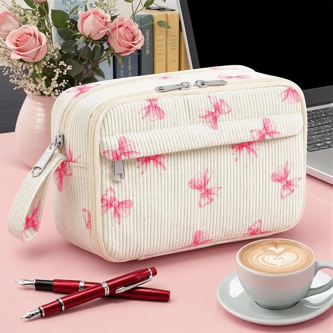 WOBAGMEN Cute Pencil Case,Large Corduroy Zippered Pencil Case Pouch, aesthetic Pencil Bag with Compartments, Pencil Pouch School Supplies (Pink Big Bow)