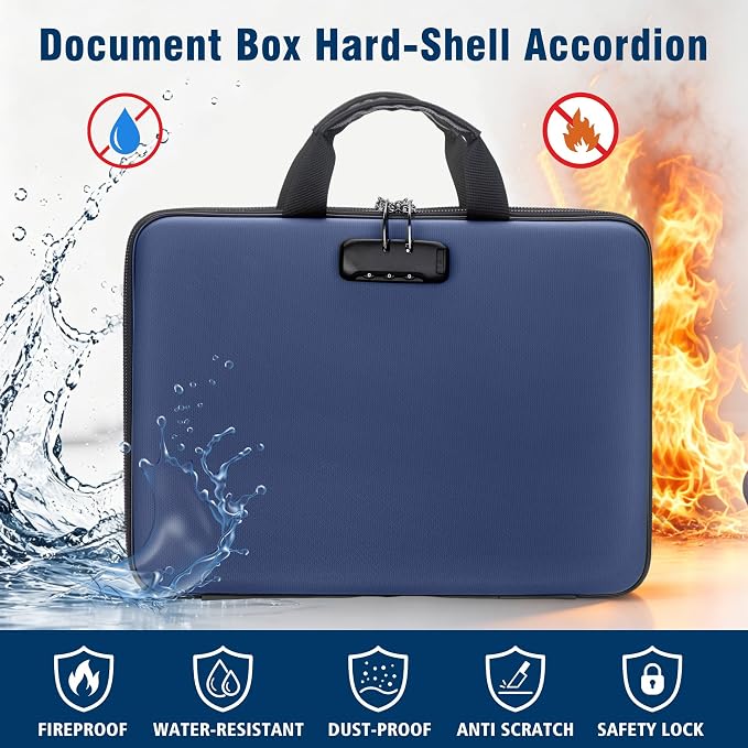 Fireproof Document Box with Lock, Hard-Shell Case Fireproof File Organizer with 13 Pocket Accordion File Folder, Portable Home Office Travel Safe Storage for Important Documents Laptop