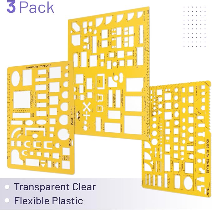 Mr. Pen- House Plan, 3 pcs, Interior Design and Furniture Templates | Clear Flexible Plastic, Drafting Tools, Ruler Shapes for Architecture, 1/4 Inch Scale, Kitchen, Bath, Bedroom, Office