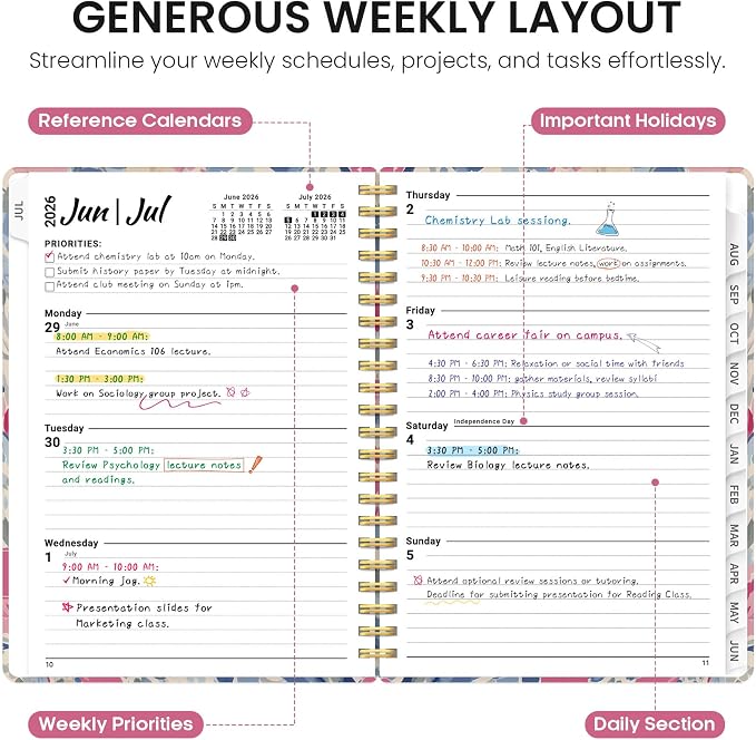 Planner 2026–2027, Academic Monthly Weekly Spiral Calendar, July 2026 – June 2027, Hardcover Agenda Notebook with Tabs, 6.3" x 8.5", Perfect for Students, Teachers, School & Daily Planning - Soft Blossoms