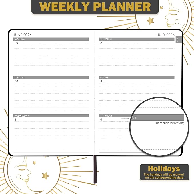 Planner 2026-2027 - Academic Planner 2026-2027, July 2026 - June 2027, 5.75" x 8.25", 2026-27 Weekly and Monthly Planner, Faux Leather planner 26-27 with Back Pocket & 40 Notes Pages - Moon