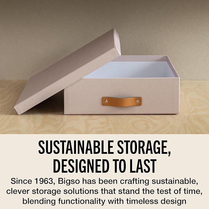 Bigso Oskar Fiberboard Document Storage Box with Lid for A4 and Letter Size Papers - Stylish, Sturdy, and Stackable Keepsake Box with Leather Handle - W10.2in x D13.8in x H3.3in - Pink Rose