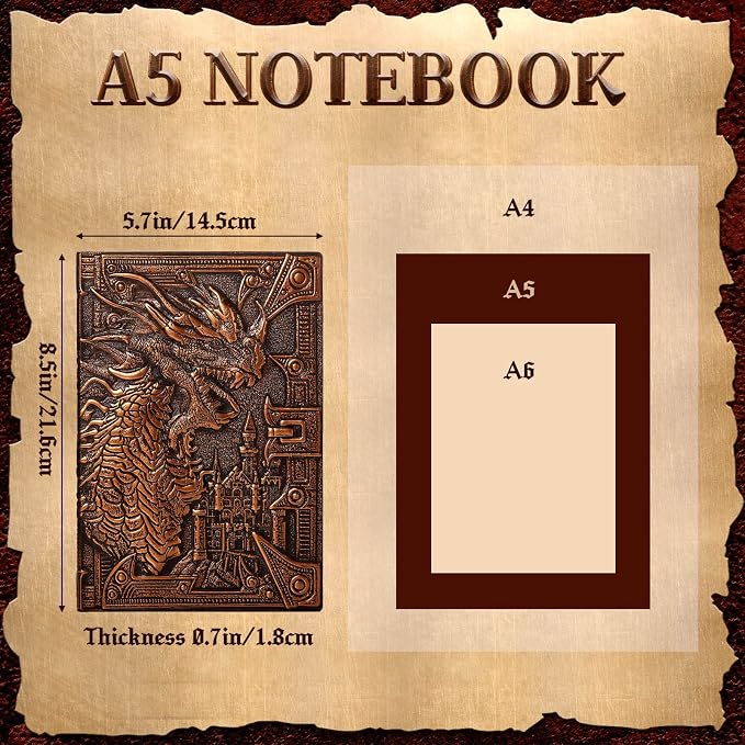 Dragon Journal Embossed Leather Journal Writing Antique Dragon Journal Notebook with Pen Lined Paper Hardcover Gift Journal Notebook Executive Notebook Travel Diary for Women Men, A5 (Dark Red)
