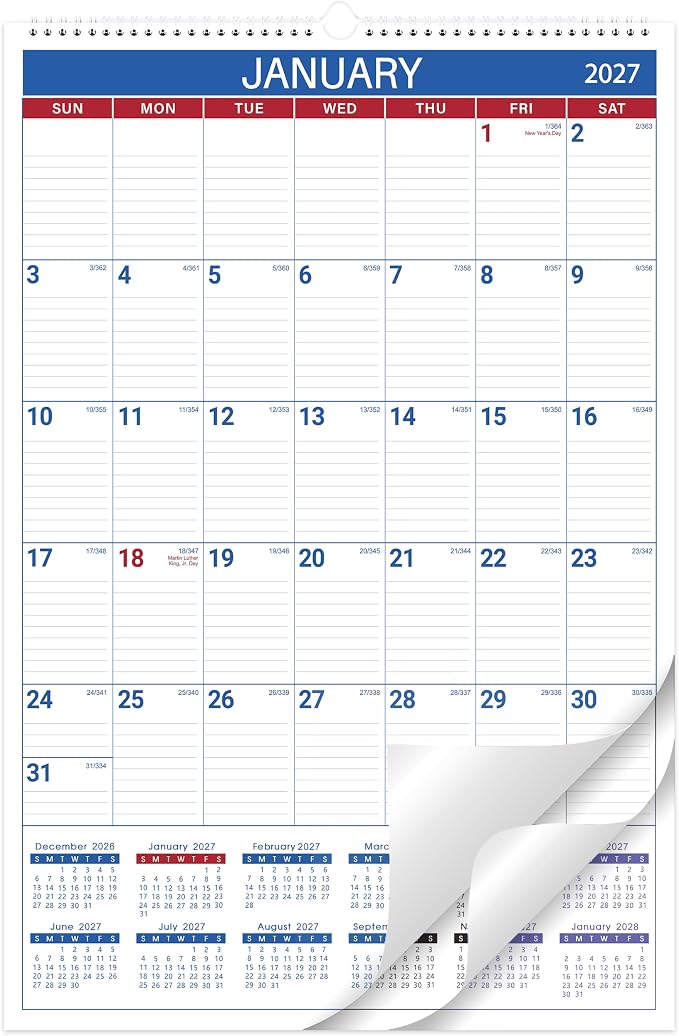 2027 Wall Calendar, 2027 Vertical Large Wall Calendar, 15" x 23" | from Jan 2027 - Dec 2027, Julian Date, Premium Paper, for Home Office Organizing