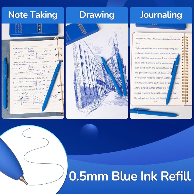 YOXMJDB 6 Pcs Blue Ink Pens for Journaling 0.5mm Fine Point Blue Gel Ink Pens, Smooth Writing Quick Dry Pens for Note Taking, Gift Set for Women & Men (6 Pcs Blue Gold)