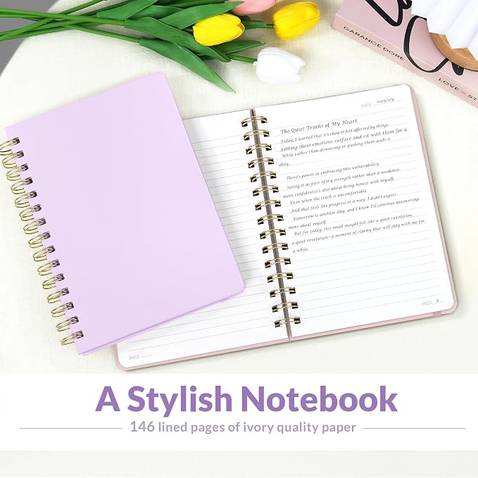 SUNEE Lined Spiral Journal Notebook for Women, 146 Pages College Ruled Hardcover Journaling Notebook for Work, Note Taking and Office School Supplies, A5 - Purple