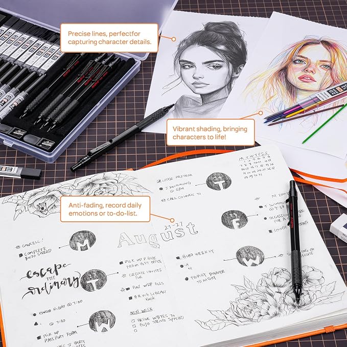 Nicpro 35PCS Black Metal Mechanical Pencils Set in Case, Art Drafting Pencil 0.5, 0.7, 0.9 mm & 3PCS 2mm Graphite Lead Holder for Drawing Sketching With 20 Tube Lead Refills(6B 4B 2B HB 2H 4H Colors)