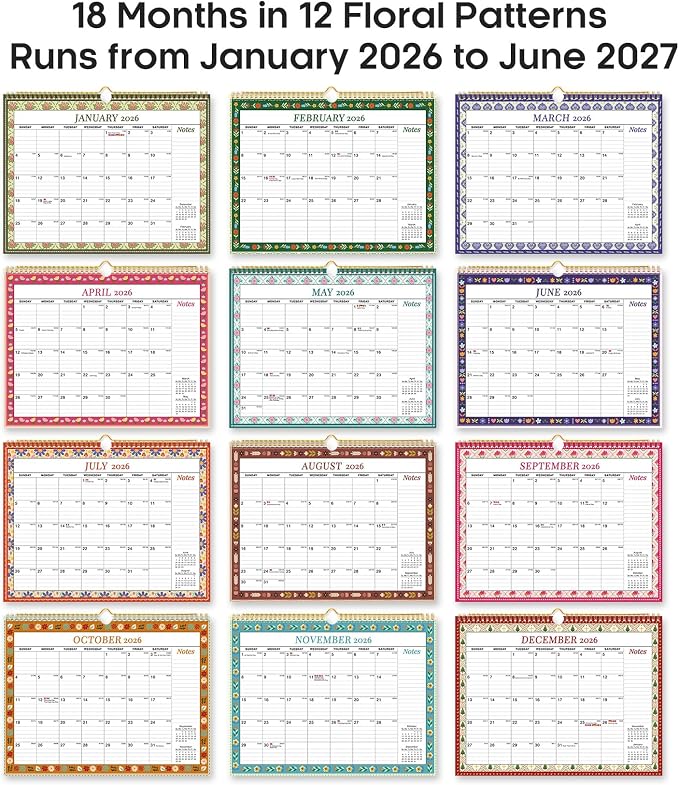 Calendar 2026-2027, Monthly Wall Calendar Runs Until June 2027, 11.5" x 14.7", Spiral Binding Hanging Wall Calendar, Perfect for Home or Office,Floral Borders