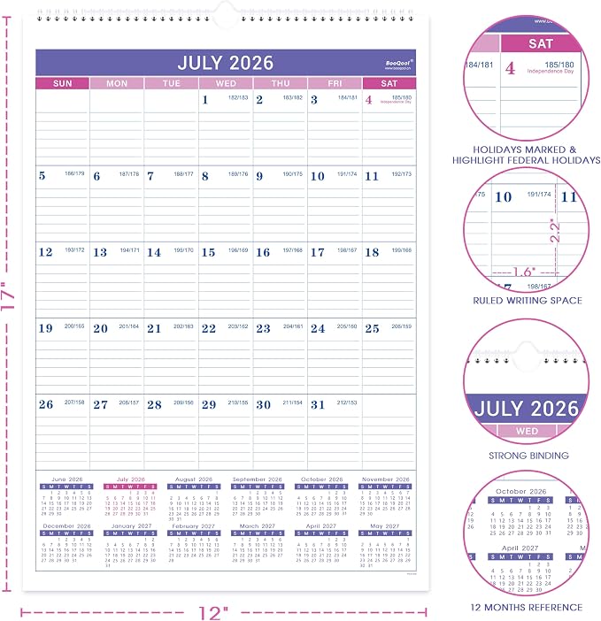2026-2027 Wall Calendar - July 2026 - December 2027, 2026-2027 Calendar, 18 Months Wall Calendar, 12" x 17", Large Blocks, Spiral Bound