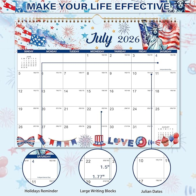 Calendar 2026-2027 - Wall Calendar 2026-2027, Jul 2026 - Dec 2027 | Large Wall Calendar 26-27, 15"" x 11.5"", 18 Months Calendar July with Hanging Loop, Perfect Wall Calendars for Organizing