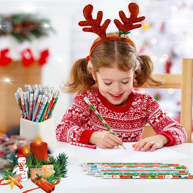 Zuazaor 30 Pieces Colorful Christmas Pencils with Eraser Wooden Pencils Snowman,Santa,Christmas Tree, Cand and Penguin Xmas Stationery for Christmas Holiday Office School Party Favors (30)