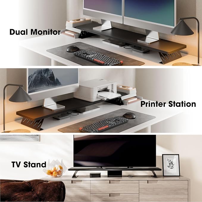 Fenge Monitor Stand Riser, Wooden & Metal Desk Shelf Organizer, Black | 42.5 Inch Dual Monitor Riser for 2 Monitors, Multifunctional Monitor Shelf for Laptop, PC, Printer