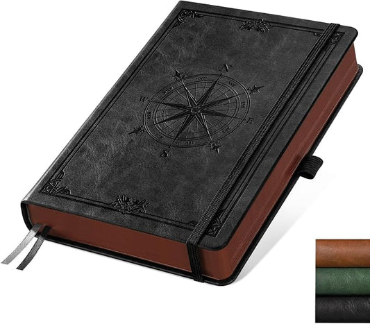 AHGXG Thick Lined Notebook, 320 Numbered Pages, A5 (5.75'' X 8.38'') | College Ruled Journal, Vintage Leather Hardcover, 100gsm Paper, for Men Women Work Office School (Black)