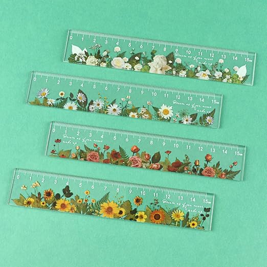 BAYTORY 4 Pack Clear Plastic Rulers 6 Inch, Aesthetic Acrylic Small Ruler | Measuring Drafting Metric Bulk Mini Ruler with Centimeters for School Home Office (Clear Flower 6 Inch)
