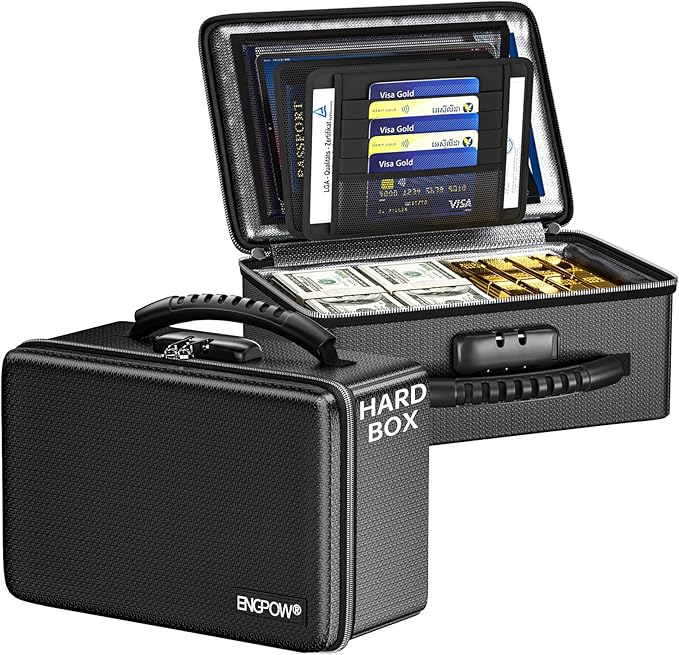 ENGPOW Fireproof Money Box with Lock & Heat-Resistant Fireproof Zipper | 6400°F 12-Layer Fire Protection,Small Hard Case with Multi-Pocket,Portable Home Chest Safe Storage for Money, Jewelry, Black
