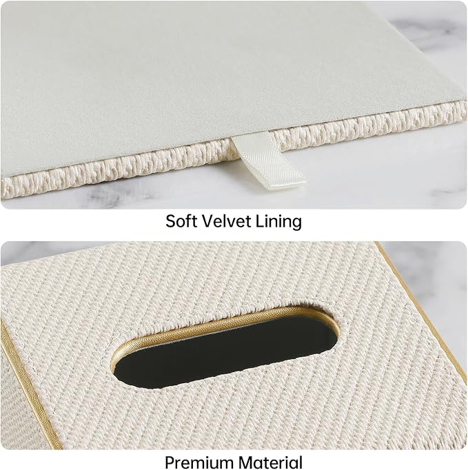 Square PU Leather Tissue Box Cover with Magnetic Closure, Decorative Tissue Holder & Storage Container for Bedroom, Living Room, Dining Room, Bathroom, Countertop, Desk (Square Off-White Twill)
