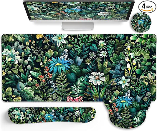 LIMKRIAN Floral Large Desk Mat Set, Green Mouse Pad with Wrist Rest | Ergonomic Gel Wrist Rest, Computer Mat, Keyboard Wrist Support, XXL Mousepad, Coaster, Green Office Desk Accessories Decor