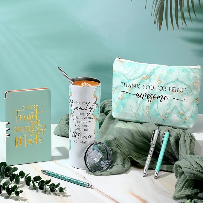 Domensi 6 Pcs Employee Appreciation Gift Set for Women Female Thank You Gift May You Be Proud 20 oz Rustic Marble Sign Tumbler Makeup Bag Journal for Boss Teacher Work Business(Green)