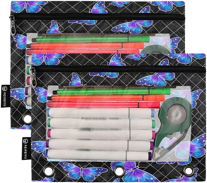 Gredecor 3 Ring Binder Pencil Pouch, Blue Purple Butterflies Zippered Pen Case Pouches with Clear Window, 2 Pack Stylish Office & School Supplie