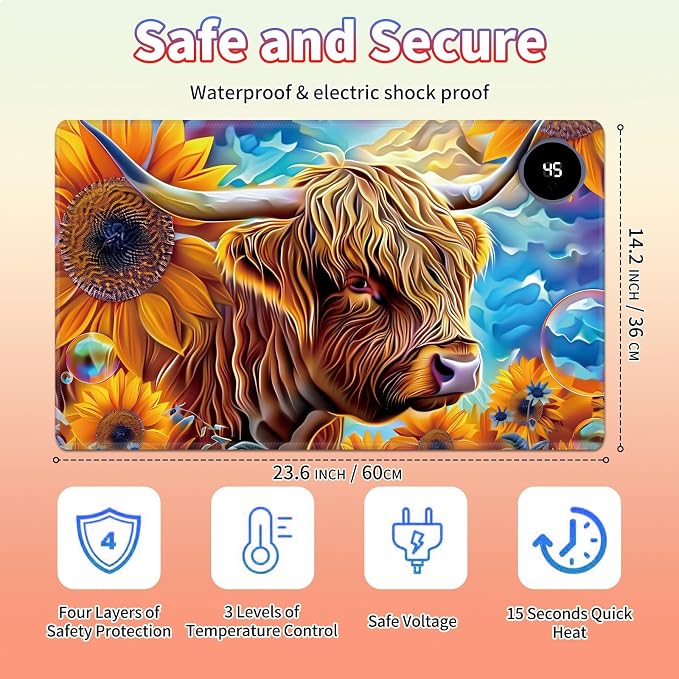 Heated Desk Pad Large Mouse Pad 23.6 x 14.1 inch with 3 Levels Heating & Auto Shut-Off Warm Mouse pad PU Leather Computer Mousepad for Home Office Work - Sunflower Cow