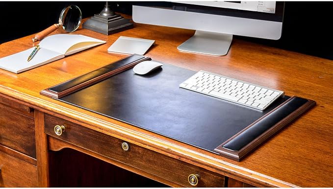 Dacasso 25.5” x 17.25” Walnut & Black Leather Desk Pad w/Side Rails - Luxury Desk Blotter for Writing - Padded Executive Desk Surface Protector