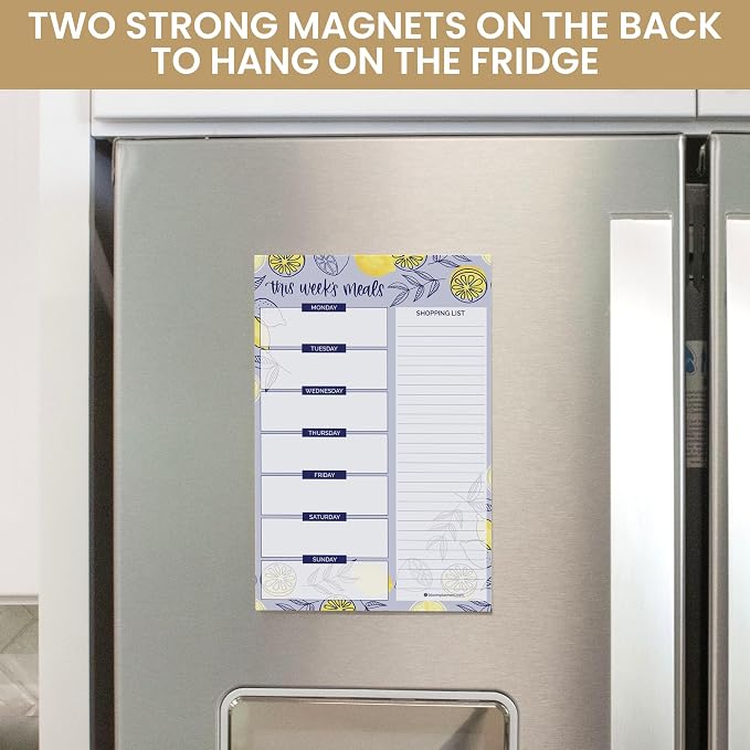 bloom daily planners Weekly Magnetic Meal Planning Pad for Fridge with Tear-Off Grocery Shopping List - Hanging Food/Menu Organizer Notepad with Magnets - 6” x 9" - Lemons