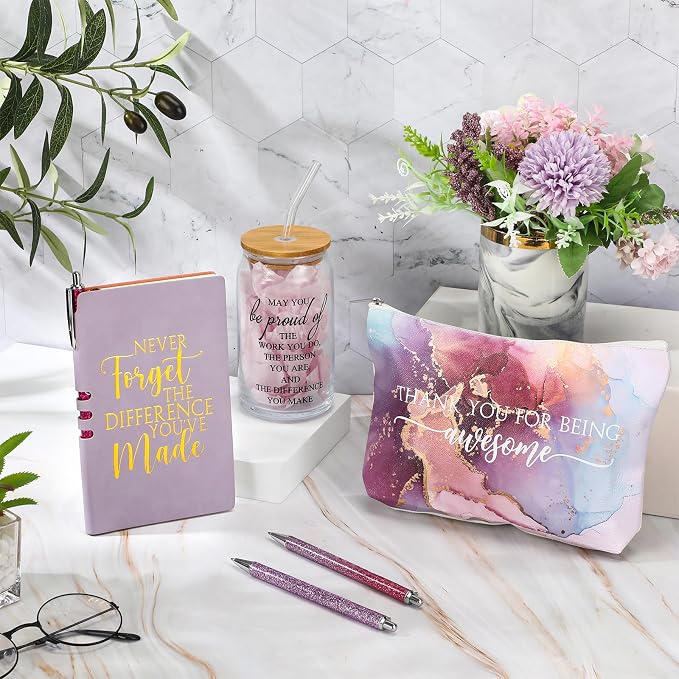 Funnymoom 6 Pcs Appreciation Gifts Set for Women Back to School Teacher Gifts Employee Thank You Gift with 17 oz Glass Tumbler Journal Pens and Pouch for Coworkers Educators,Marble,Purple